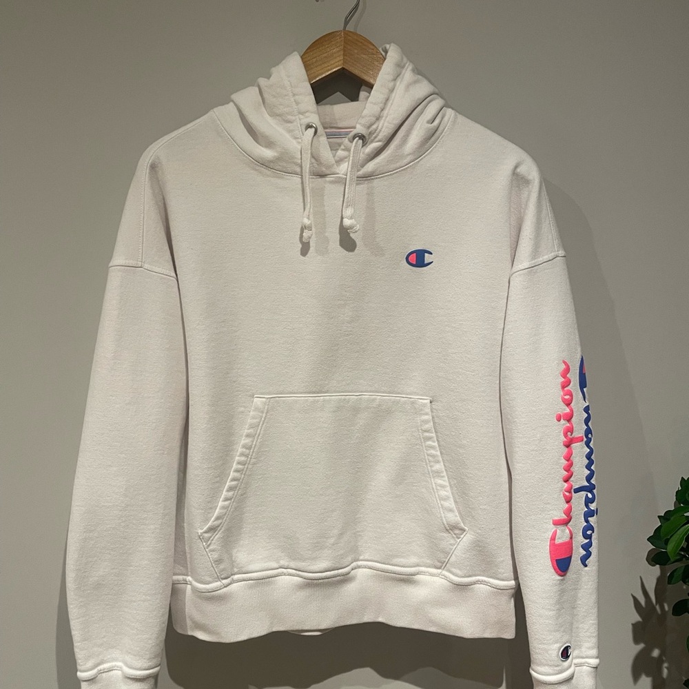 Champion White Hoodie with Pink & Blue Script
